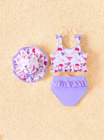 2 Pc Baby Girl Ruffle Swimsuit with Hat