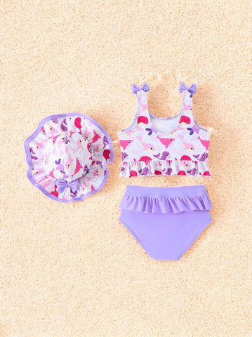 2 Pc Baby Girl Ruffle Swimsuit with Hat