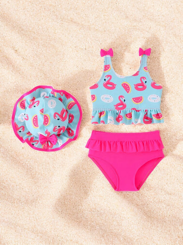 2 Pc Baby Girl Ruffle Swimsuit with Hat