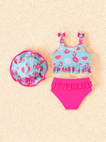 2 Pc Baby Girl Ruffle Swimsuit with Hat