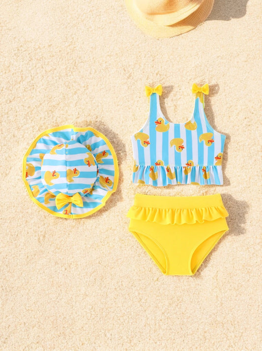 2 Pc Baby Girl Ruffle Ducky Swimsuit with Hat