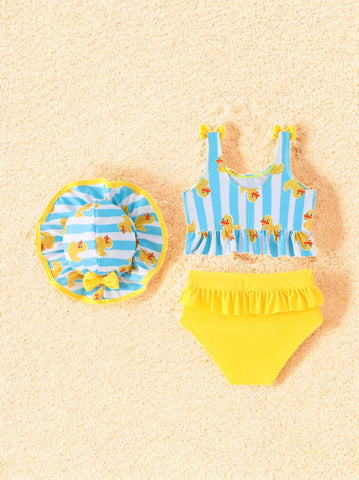 2 Pc Baby Girl Ruffle Swimsuit with Hat