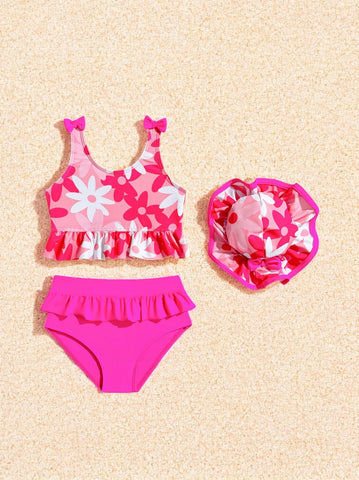 2 Pc Baby Girl Ruffle Swimsuit with Hat