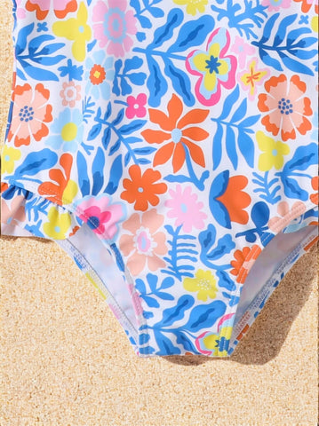 Girls Flower Ruffle One Piece Swimsuit