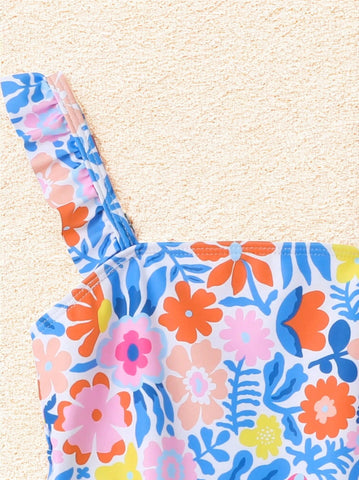 Girls Flower Ruffle One Piece Swimsuit