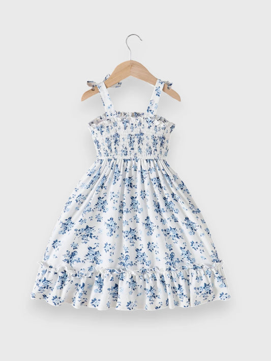 Girls Floral Shirred Bowknot Midi Dress
