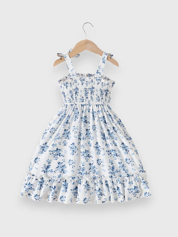 Girls Floral Shirred Bowknot Midi Dress