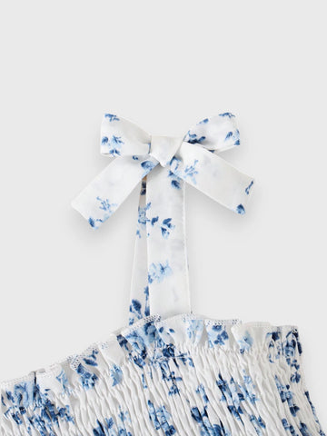 Girls Floral Shirred Bowknot Midi Dress