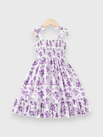 Girls Floral Shirred Bowknot Midi Dress