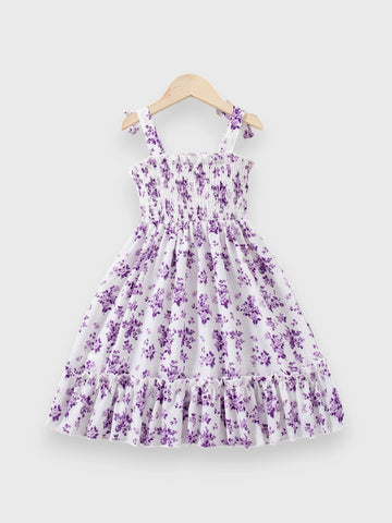 Girls Floral Shirred Bowknot Midi Dress