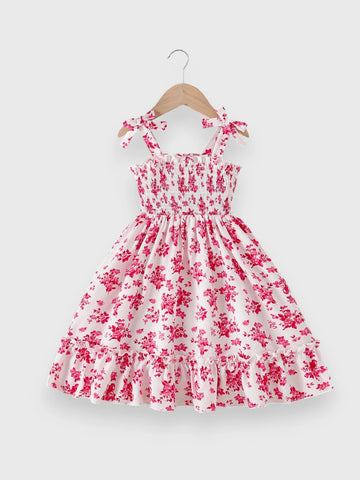 Girls Floral Shirred Bowknot Midi Dress