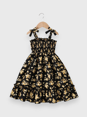 Girls Floral Shirred Bowknot Midi Dress