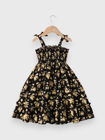 Girls Floral Shirred Bowknot Midi Dress