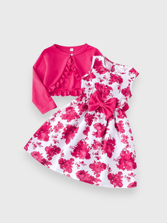 2 Pc Girls Ruffle Cardi and Floral Print Dress