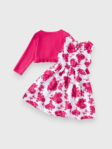 2 Pc Girls Ruffle Cardi and Floral Print Dress