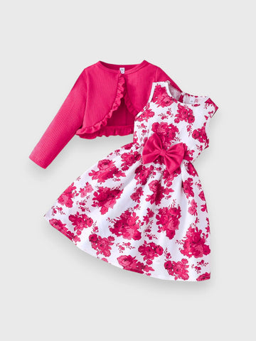2 Pc Girls Ruffle Cardi and Floral Print Dress