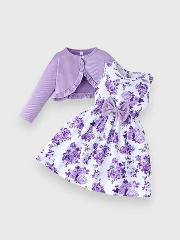 2 Pc Girls Ruffle Cardi and Floral Print Dress