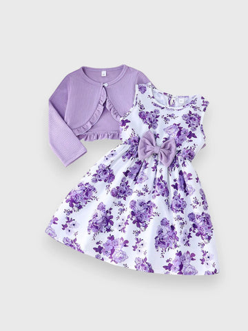 2 Pc Girls Ruffle Cardi and Floral Print Dress