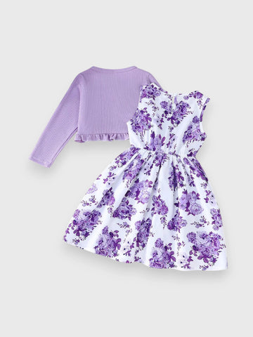 2 Pc Girls Ruffle Cardi and Floral Print Dress