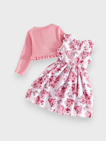 2 Pc Girls Ruffle Cardi and Floral Print Dress