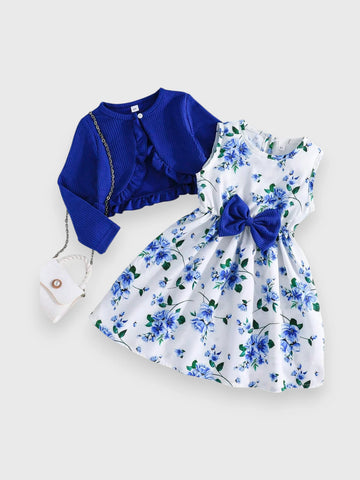 2 Pc Girls Ruffle Cardi and Floral Print Dress