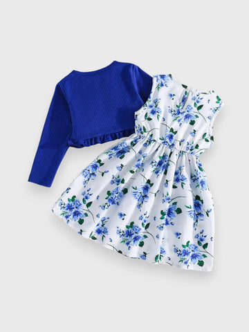 2 Pc Girls Ruffle Cardi and Floral Print Dress