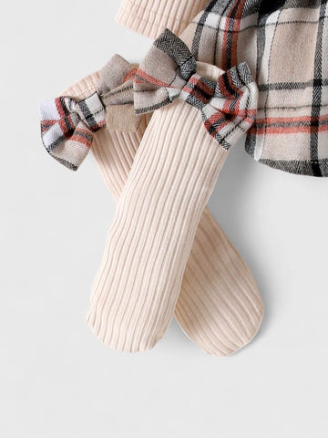 3 Pcs Baby Girl Plaid Bow Bodysuit and Socks Set