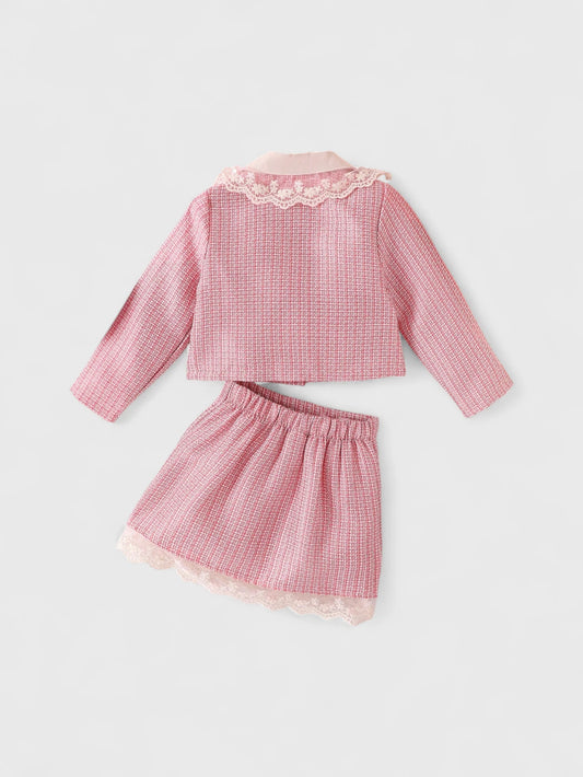 2 Pcs Toddler Girls Tweed Lace Collar Jacket and Skirt Set