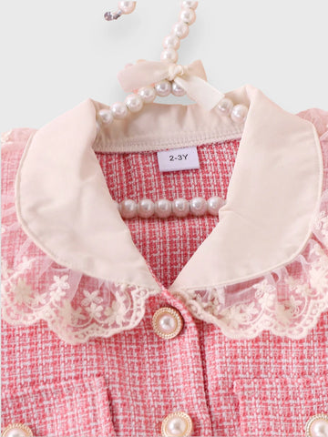 2 Pcs Toddler Girls Tweed Lace Collar Jacket and Skirt Set