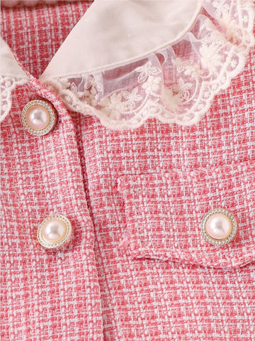2 Pcs Toddler Girls Tweed Lace Collar Jacket and Skirt Set