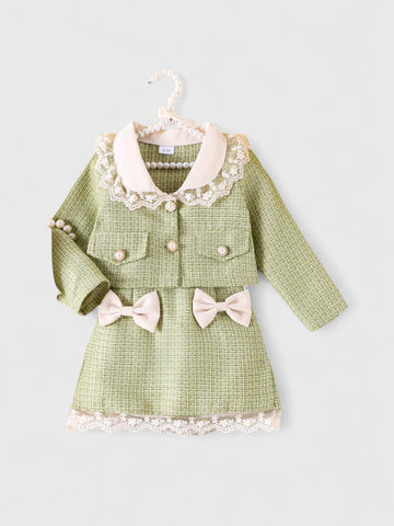 2 Pcs Toddler Girls Tweed Lace Collar Jacket and Skirt Set