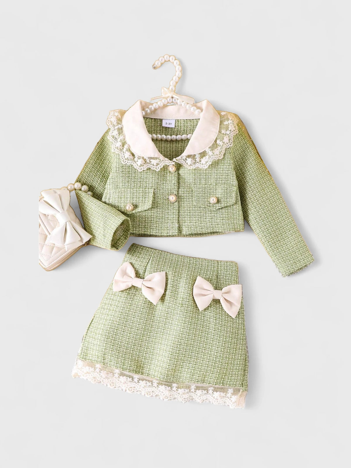 2 Pcs Toddler Girls Tweed Lace Collar Jacket and Skirt Set
