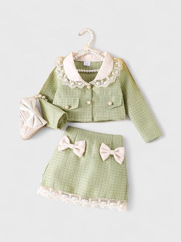 2 Pcs Toddler Girls Tweed Lace Collar Jacket and Skirt Set