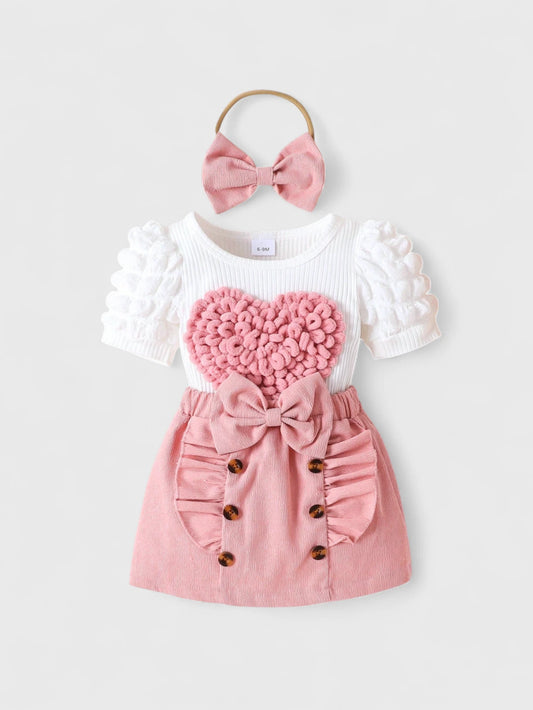 Baby Girl Heart Bubble Sleeve Corduroy Skirt Set