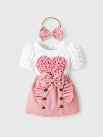 Baby Girl Heart Bubble Sleeve Corduroy Skirt Set