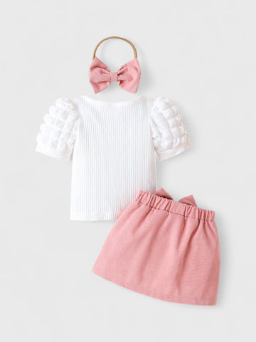 Baby Girl Heart Bubble Sleeve Corduroy Skirt Set