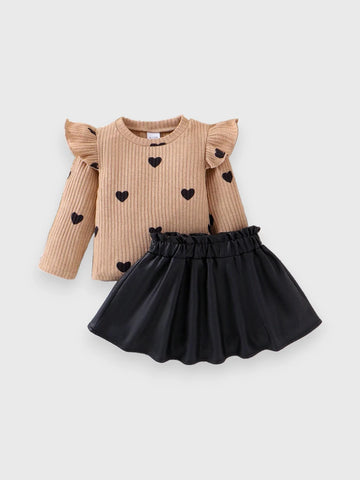2 Pc Baby Girl Heart Top with Pleather Skirt
