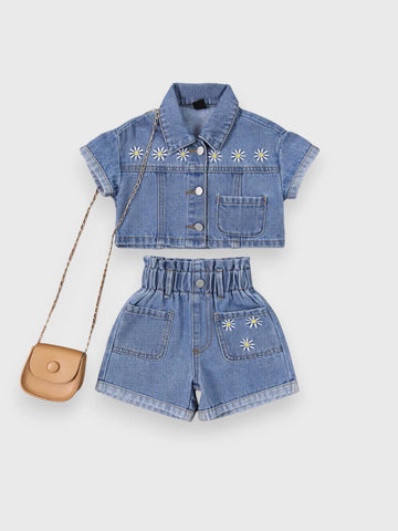 2 Pc Daisy Emb Denim Shorts Set