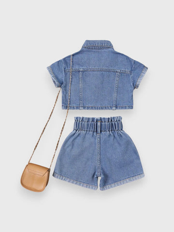 2 Pc Daisy Emb Denim Shorts Set
