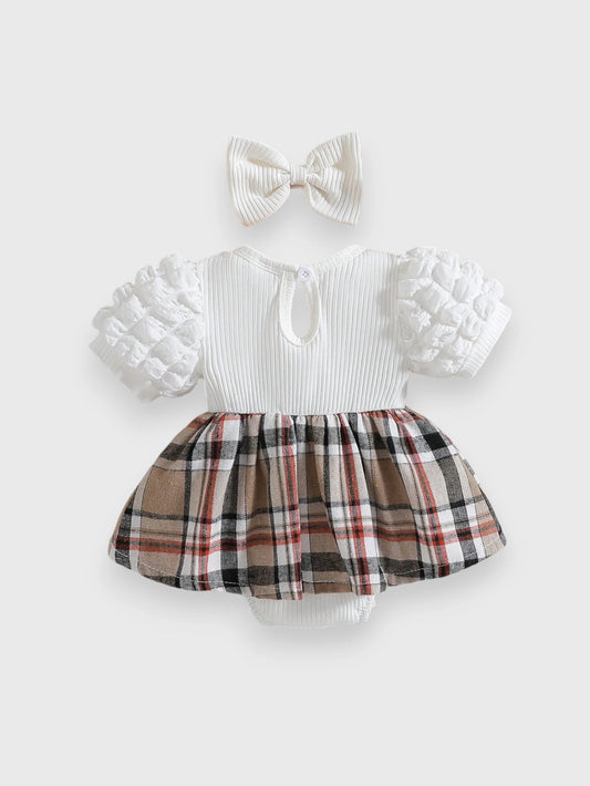 2 Pc Infant Baby Girl Bubble Sleeve Plaid Overall Dress