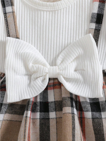 2 Pc Infant Baby Girl Bubble Sleeve Plaid Overall Dress