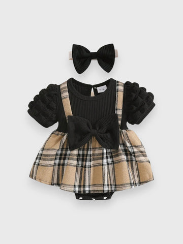 2 Pc Infant Baby Girl Bubble Sleeve Plaid Overall Dress