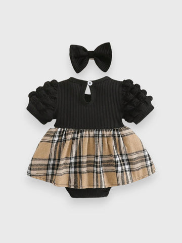 2 Pc Infant Baby Girl Bubble Sleeve Plaid Overall Dress