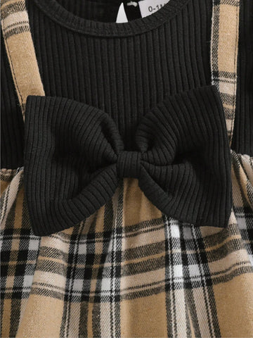 2 Pc Infant Baby Girl Bubble Sleeve Plaid Overall Dress