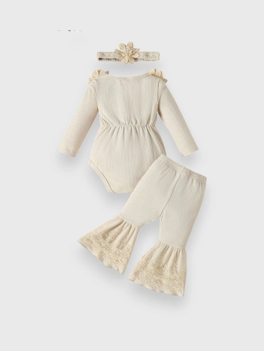 3 Pc Baby Girl Floral Applique Ribbed Set