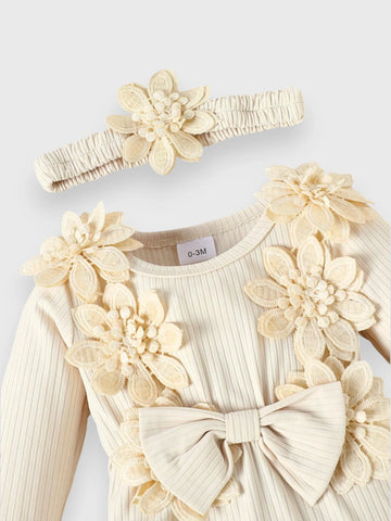 3 Pc Baby Girl Floral Applique Ribbed Set