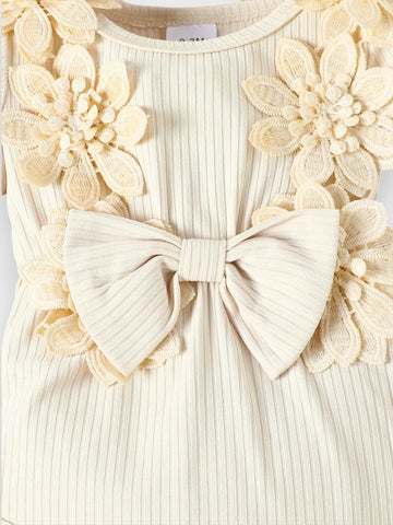 3 Pc Baby Girl Floral Applique Ribbed Set