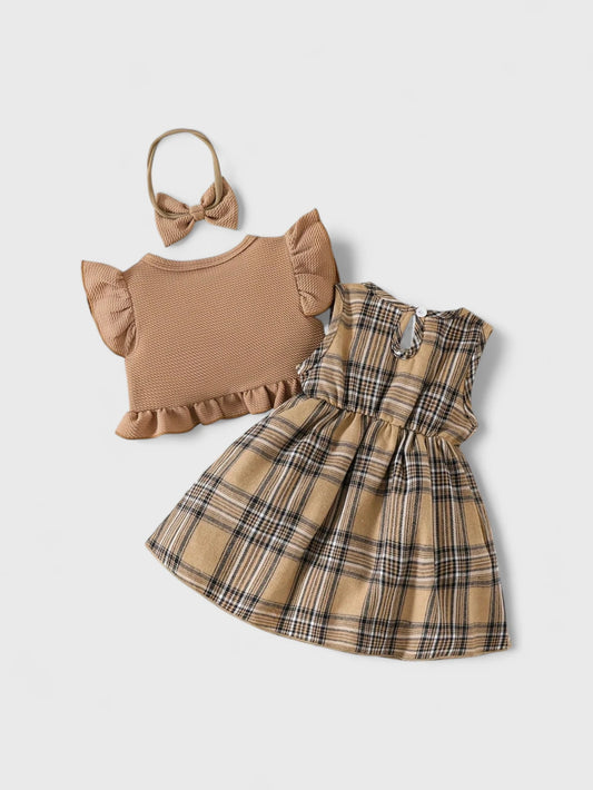 3 Pc Baby Girl Plaid Dress with Shawl Cardigan