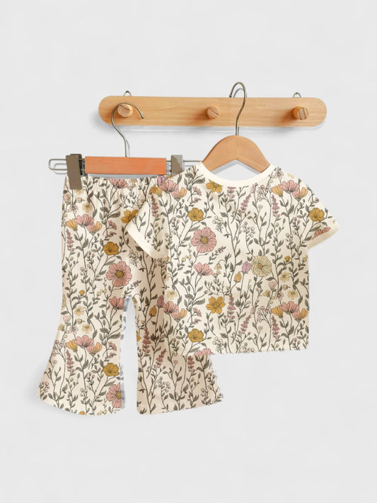2 Pc Baby Girl Flower Print Tee and Flare Pant