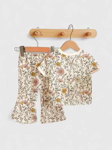 2 Pc Baby Girl Flower Print Tee and Flare Pant